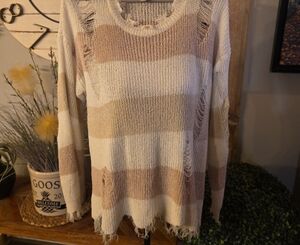 POL Cream and Tan Distressed Sweater